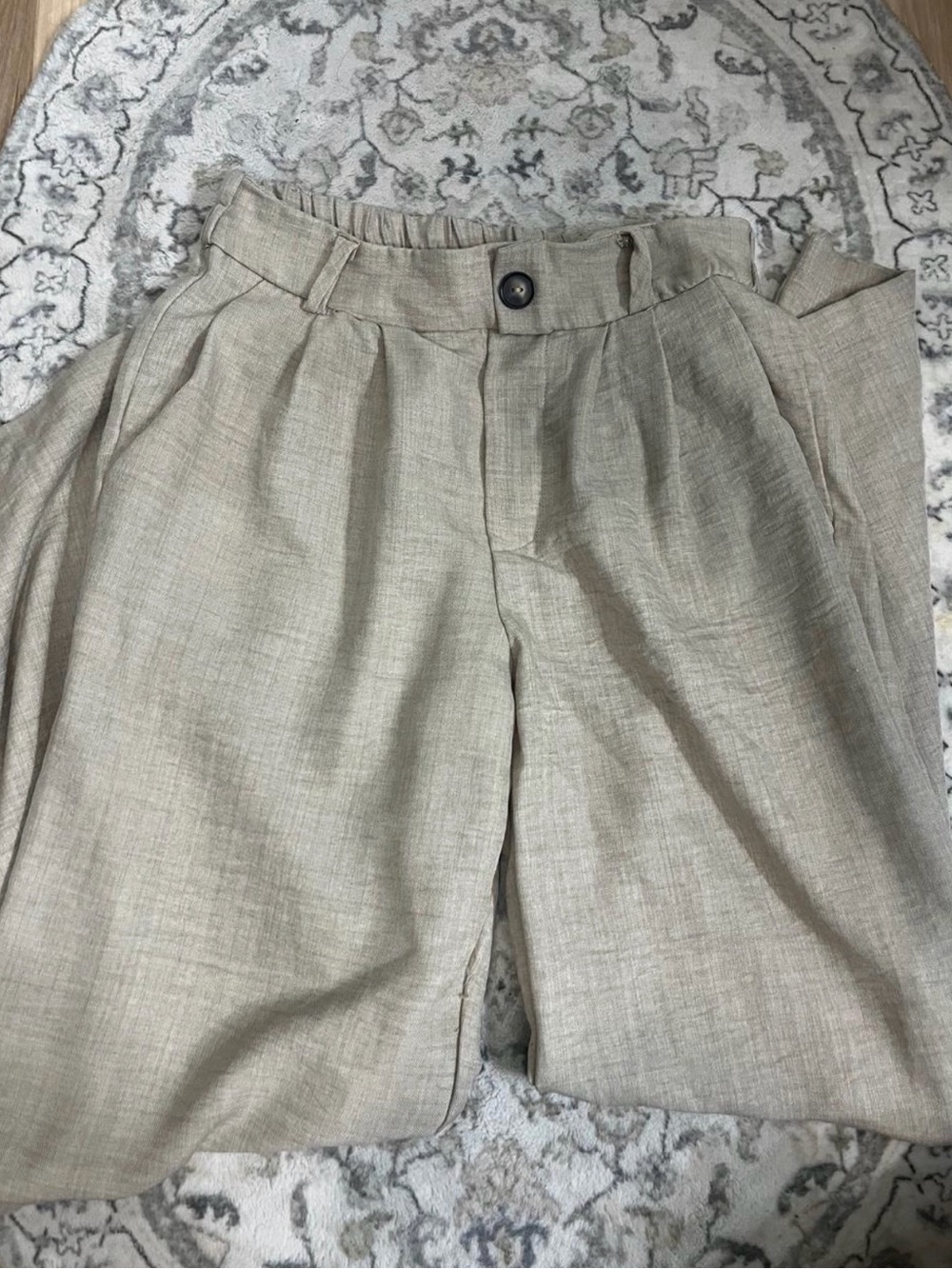 Monteau Beige Pleated Linen-Blend Wide Leg Pants